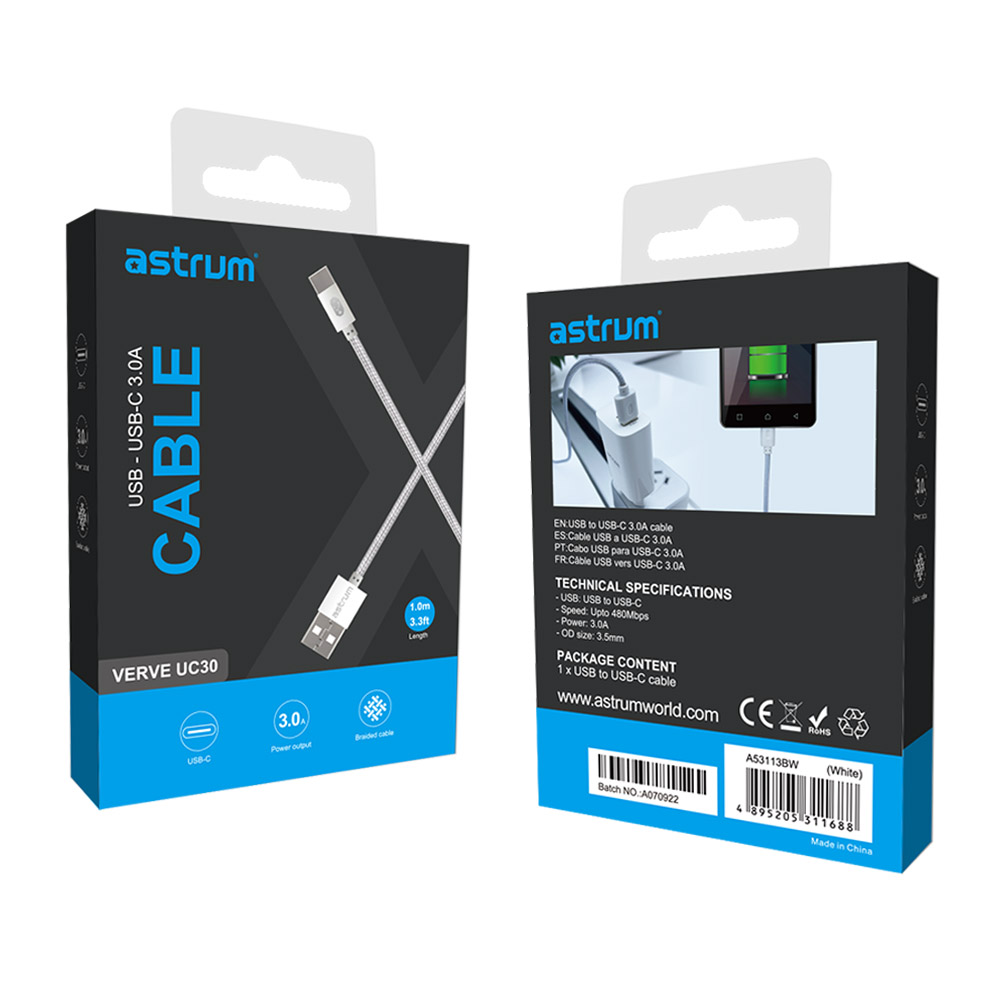 Verve UC30 3A USB-A to USB-C Charge & Sync Braided Cable – White image 3
