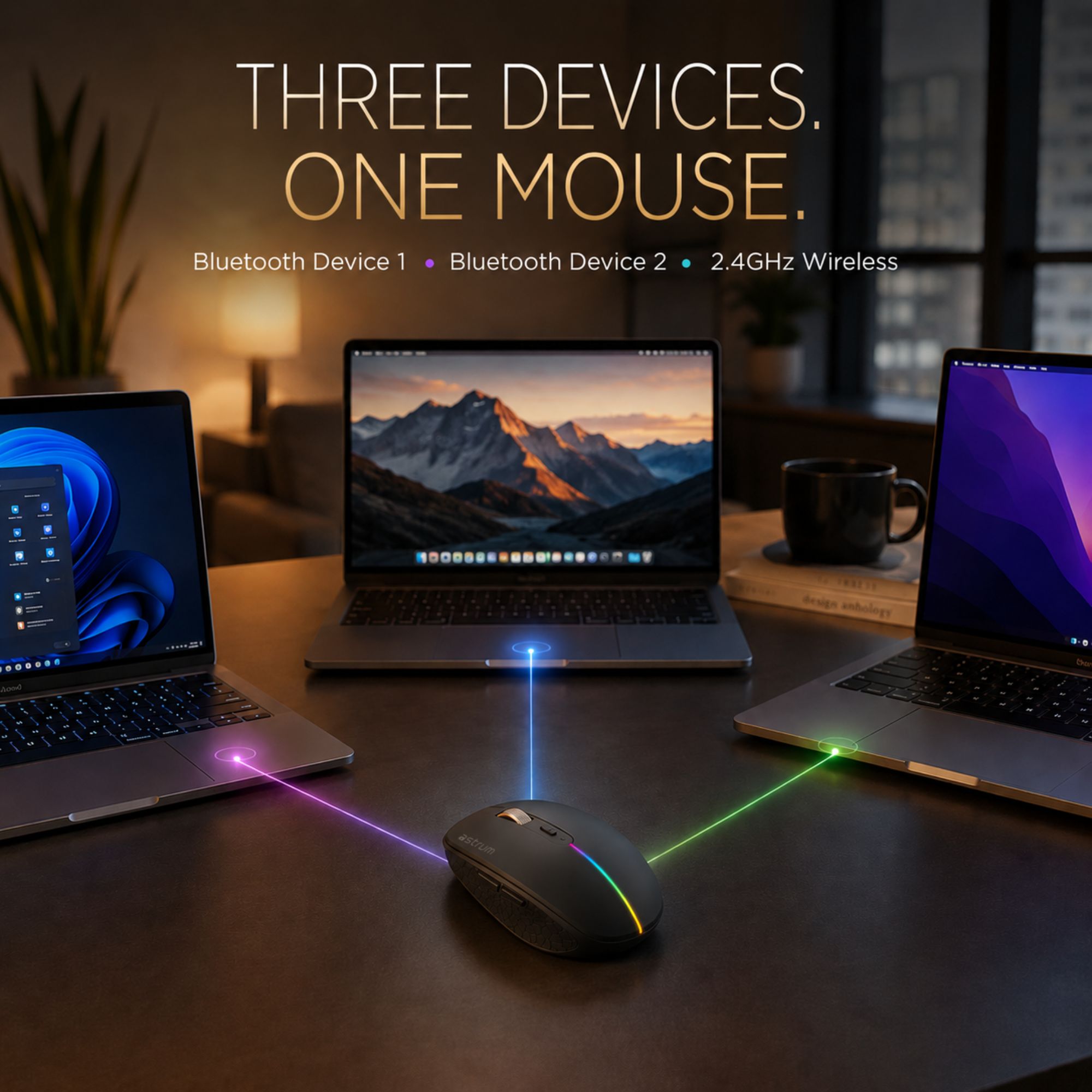 Astrum Tri-Mode Wireless Mouse BT 5.0, 3 Devices, Rechargeable – MW30C image 3