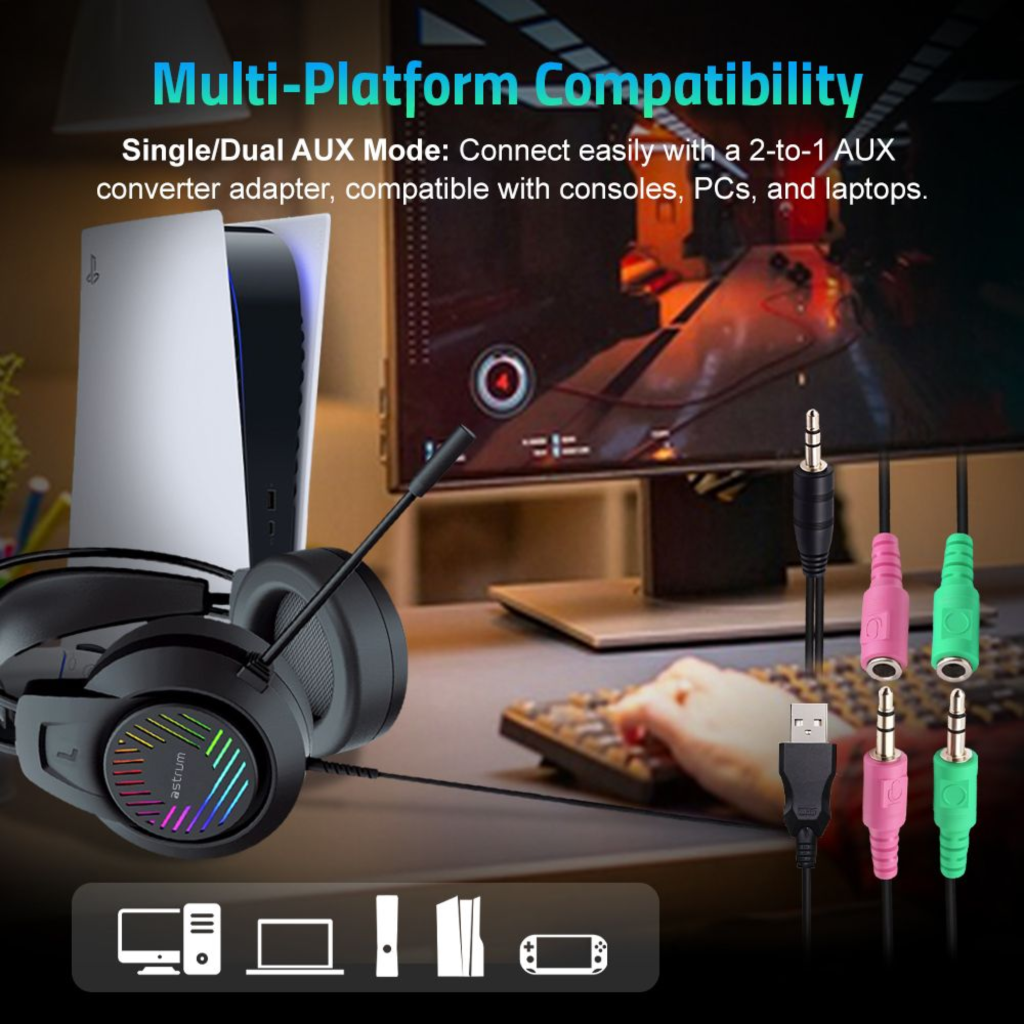 Wired Gaming Headset, 2 x 3.5mm with Boom Mic and USB LED - HG100 image 2